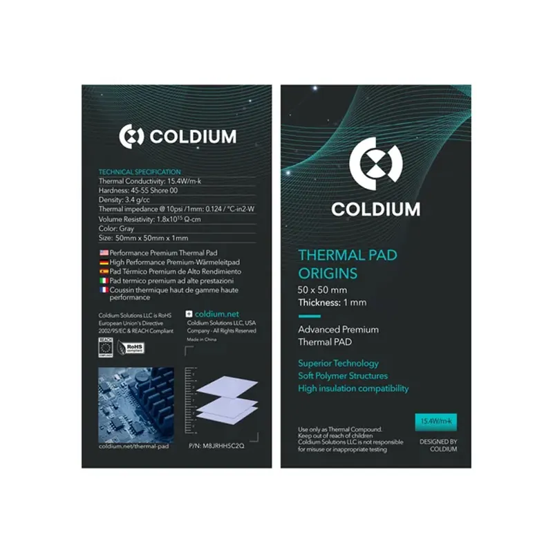 Pad Térmico Coldium Origins 50X50X1.0 MM 15.4W/M-K